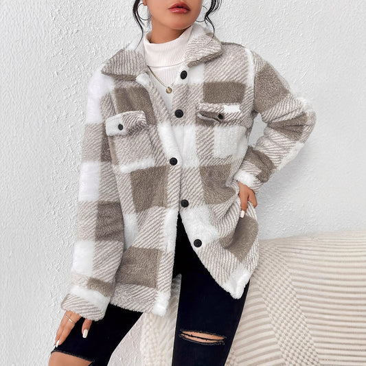 Plush Plaid Women's Autumn And Winter Open Button Lapel Thermal Plaid Pattern Jacket